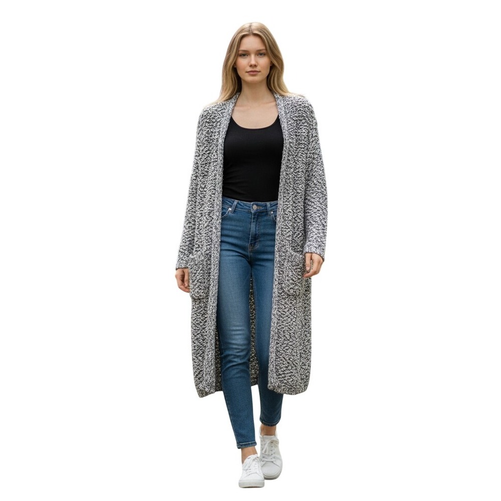 Poof Apparel Cardigan Womens Medium Grey White Hooded‎ Longline Textured Pocket